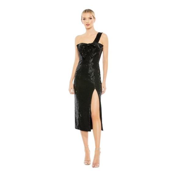 Mac Duggal Sequined One Shoulder Front Bow Dress in Black NWT - Picture 1 of 7
